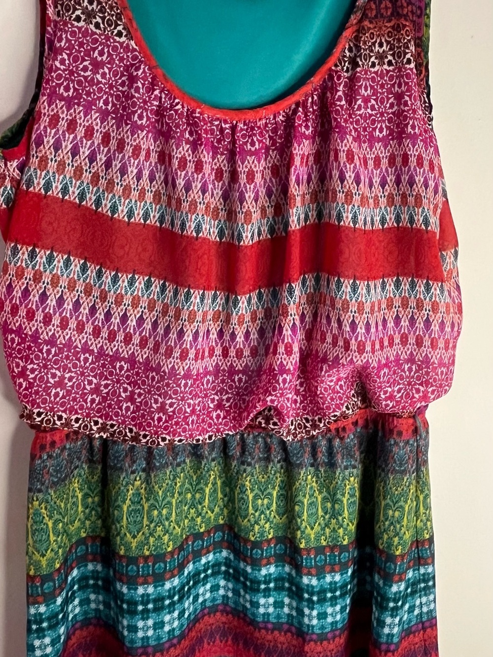 Accidentally In Love Pink, Red, Teal & Green Patterned Sleeveless Dress